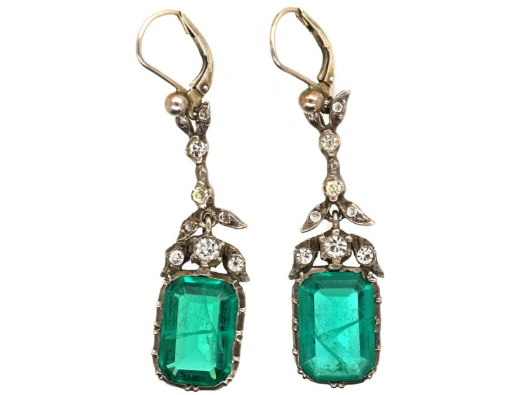 Art Deco Silver & Emerald Paste Drop Earrings