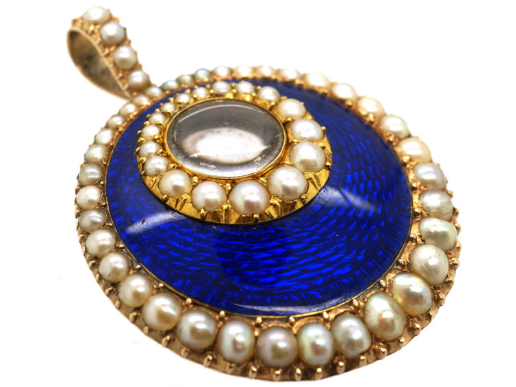 Georgian 15ct Gold, Royal Blue Enamel & Natural Split Pearl Pendant
