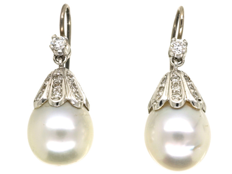 18ct White Gold, Large Pearl & Diamond Drop Earrings