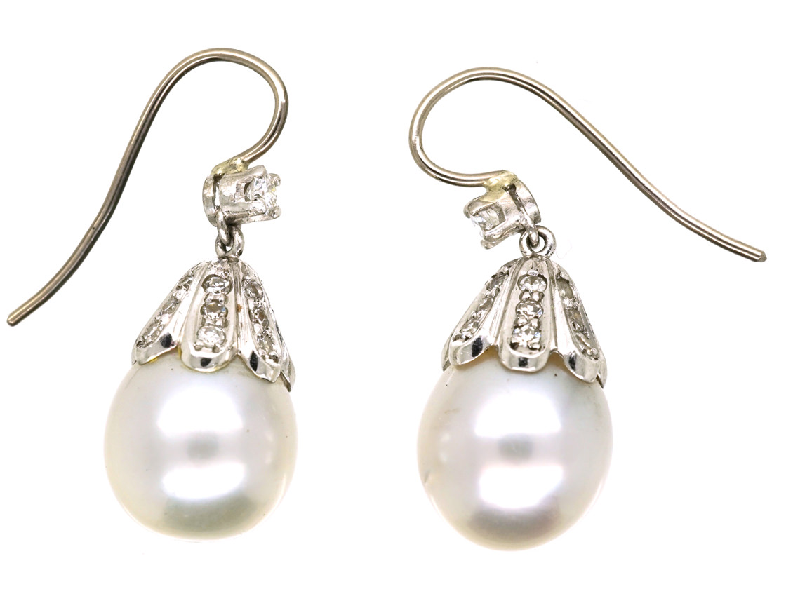 18ct White Gold, Large Pearl & Diamond Drop Earrings (148K) | The ...