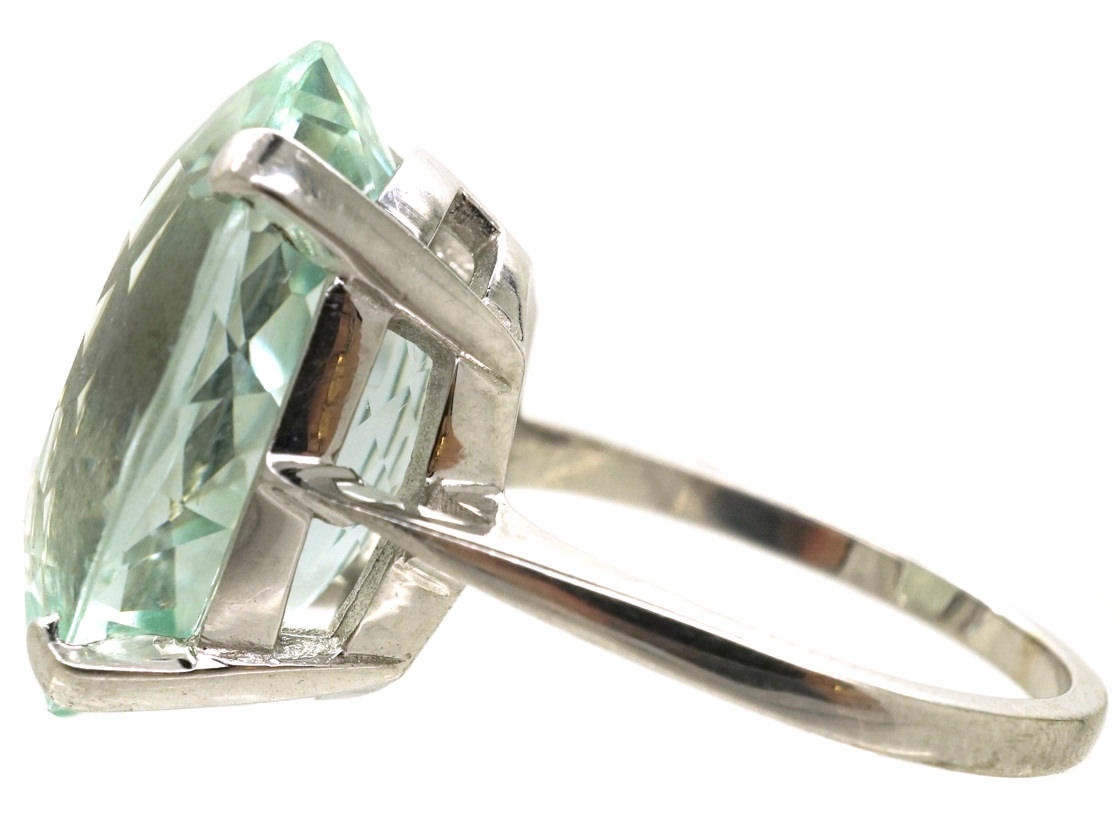 14k White Gold Oval Aquamarine & Diamond Ring - Natural Gemstone Ring (Size 9) - View #7