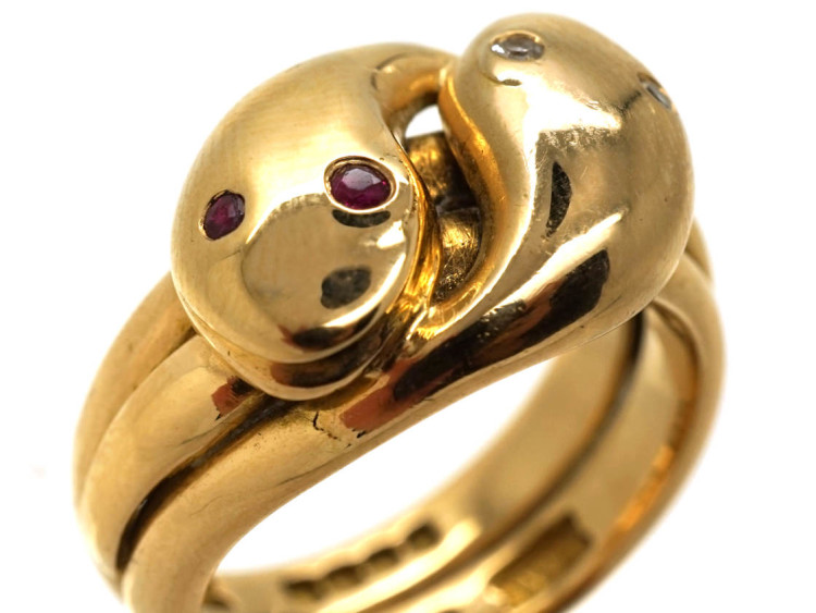 Victorian 18ct Gold Double Snake Ring Set With Rubies & Diamonds