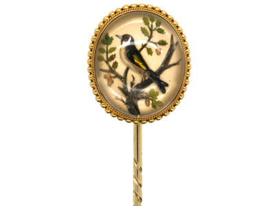 Victorian Reverse Painted & Carved Rock Crystal Tie Pin of a Goldfinch By Pradier