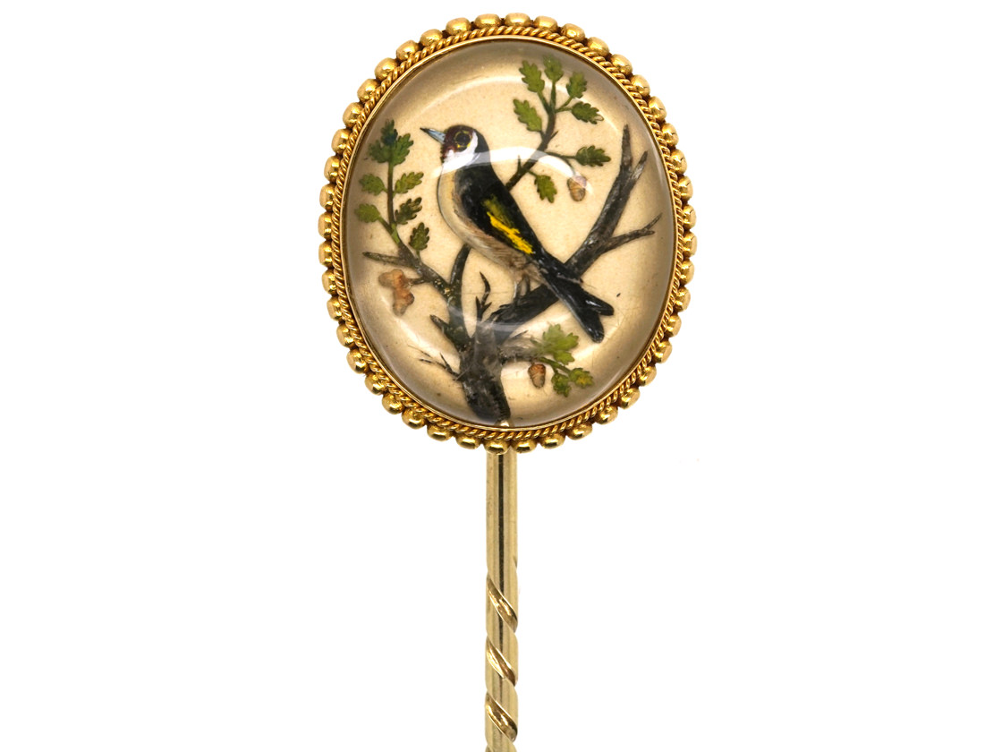 Victorian Reverse Painted & Carved Rock Crystal Tie Pin of a Goldfinch