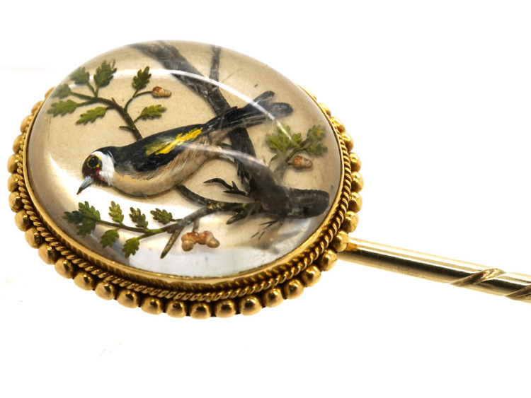 Victorian Reverse Painted & Carved Rock Crystal Tie Pin of a Goldfinch By Pradier