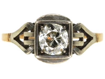 Art Deco 14ct White & Yellow Gold, Diamond Ring With Ornate Shoulders