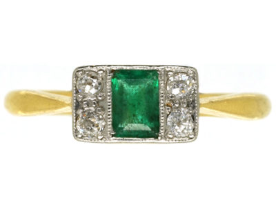 Art Deco 18ct Gold, Platinum, Emerald & Diamond Ring