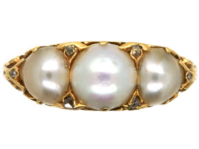 Victorian 18ct Gold & Three Natural Pearl Carved Half Hoop Ring