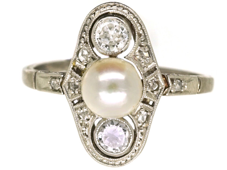 Art Deco Platinum, Natural Pearl & Diamond Ring