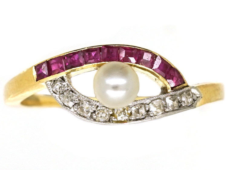 Art Deco 18ct Gold, Platinum, Ruby, Diamond, & Pearl Eye Ring