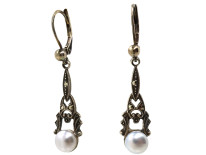 Edwardian Silver, Marcasite & Pearl Drop Earrings