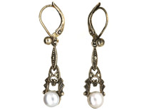 Edwardian Silver, Marcasite & Pearl Drop Earrings