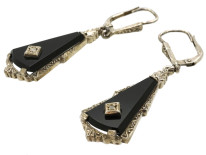 Art Deco Silver, Onyx & Rose Diamond Drop Earrings