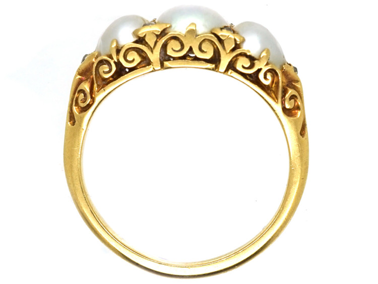 Victorian 18ct Gold & Three Natural Pearl Carved Half Hoop Ring
