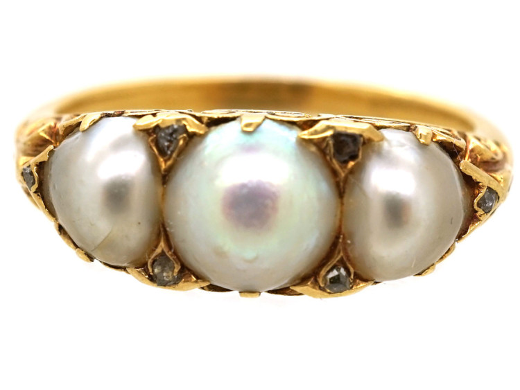 Victorian 18ct Gold & Three Natural Pearl Carved Half Hoop Ring