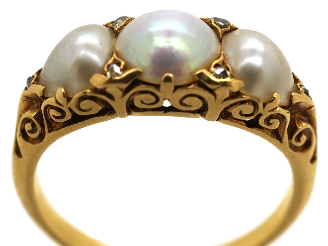 Victorian 18ct Gold & Three Natural Pearl Carved Half Hoop Ring (883K ...