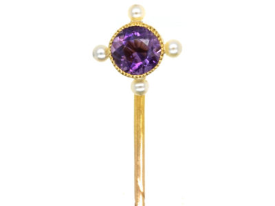 Edwardian 15ct Gold Amethyst & Natural Pearl Tie Pin