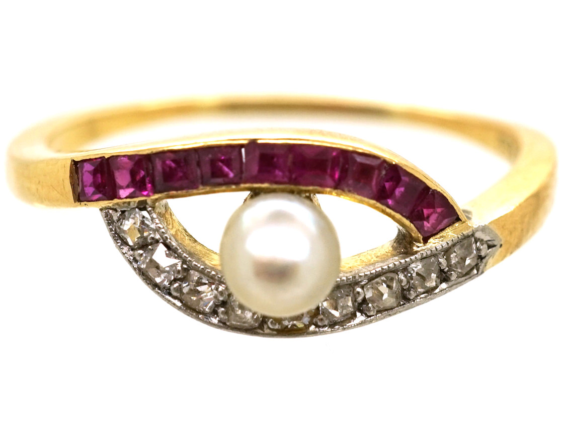 Art Deco 18ct Gold, Platinum, Ruby, Diamond, & Pearl Eye Ring (924K