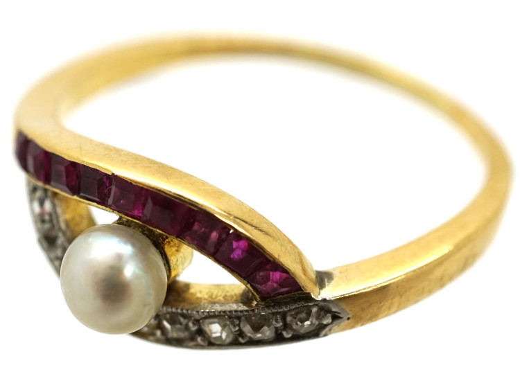 Art Deco 18ct Gold, Platinum, Ruby, Diamond, & Pearl Eye Ring