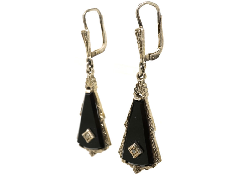 Art Deco Silver, Onyx & Rose Diamond Drop Earrings