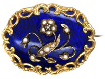 Victorian 15ct Gold & Royal Blue Enamel Brooch With Pearl Set Flower Spray