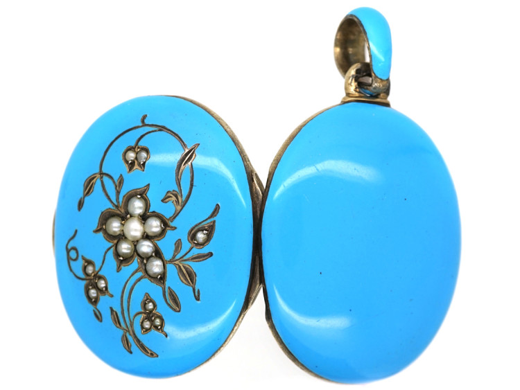 Victorian Silver, Natural Split Pearl & Turquoise Blue Enamel Forget me Not Locket