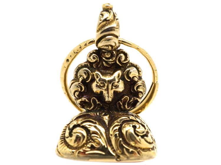 Georgian 18ct Gold Cased Seal with Fox Mask & Carnelian Intaglio Base