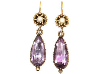 Regency 15ct Gold Natural Pearl & Foiled Amethyst Drop Earrings