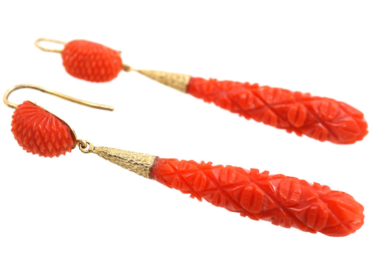 Georgian Pineapple Cut Coral Drop Earrings