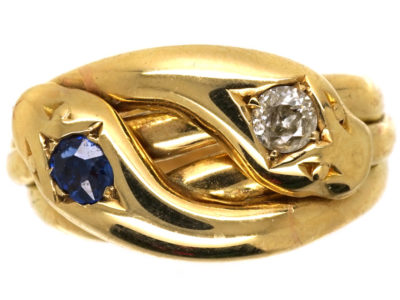 Victorian 18ct Gold Double Snake Ring Set With a Diamond & a Sapphire