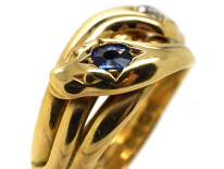 Victorian 18ct Gold Double Snake Ring Set With a Diamond & a Sapphire