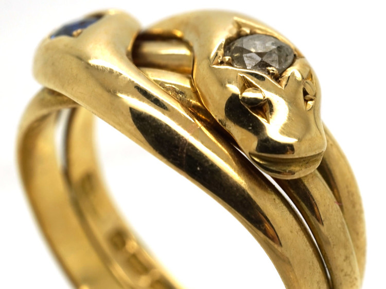 Victorian 18ct Gold Double Snake Ring Set With a Diamond & a Sapphire