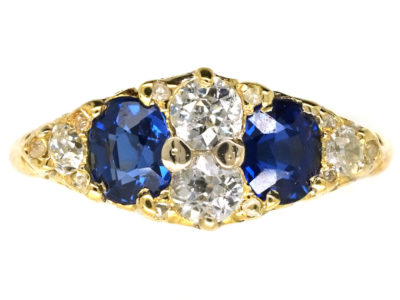 Victorian 18ct Gold, Carved Half Hoop Sapphire & Diamond Ring