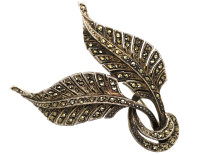 Art Deco Silver & Marcasite Double Leaf Brooch