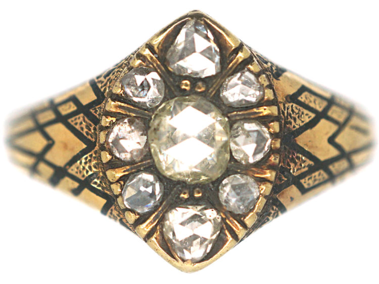 Victorian 18ct Gold & Black Enamel Marquise Ring set with Rose Diamonds