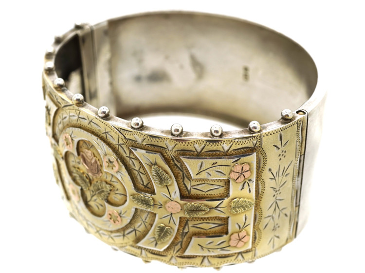Victorian Silver Gilt Bangle With Rose Motif