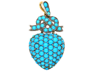 Victorian 15ct Gold & Silver Heart & Lover’s Knot Pendant set with Turquoise