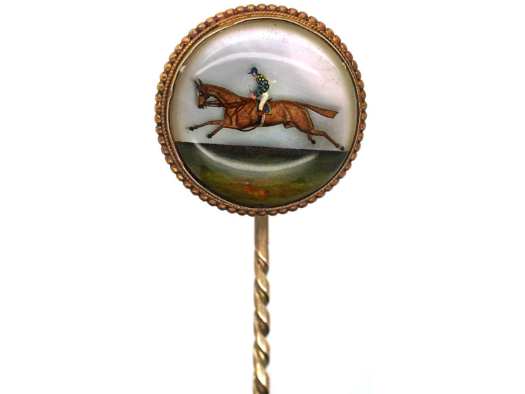 Victorian 18ct Gold Reverse Intaglio Rock Crystal Tie Pin of a Racehorse & Jockey in Original Case