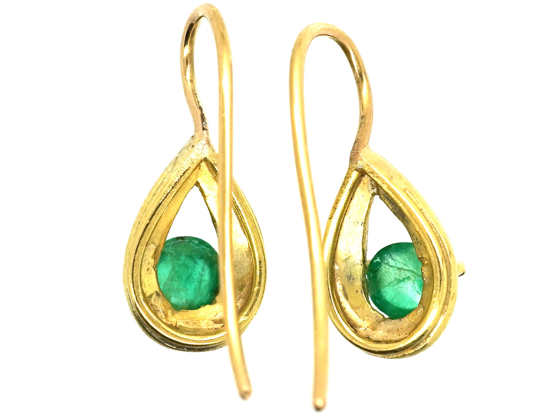 18ct Gold & Cabochon Emerald Earrings (74L) | The Antique Jewellery Company