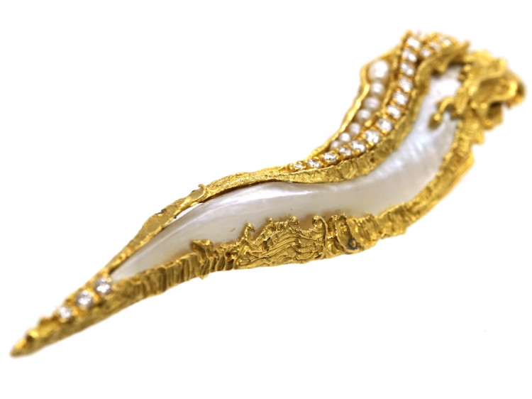 18ct Gold, Baroque Pearl & Diamond Abstract Brooch