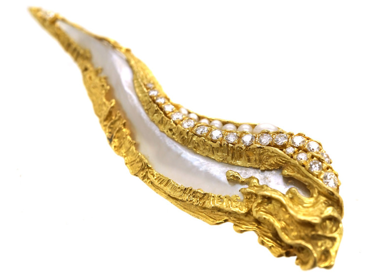 18ct Gold, Baroque Pearl & Diamond Abstract Brooch