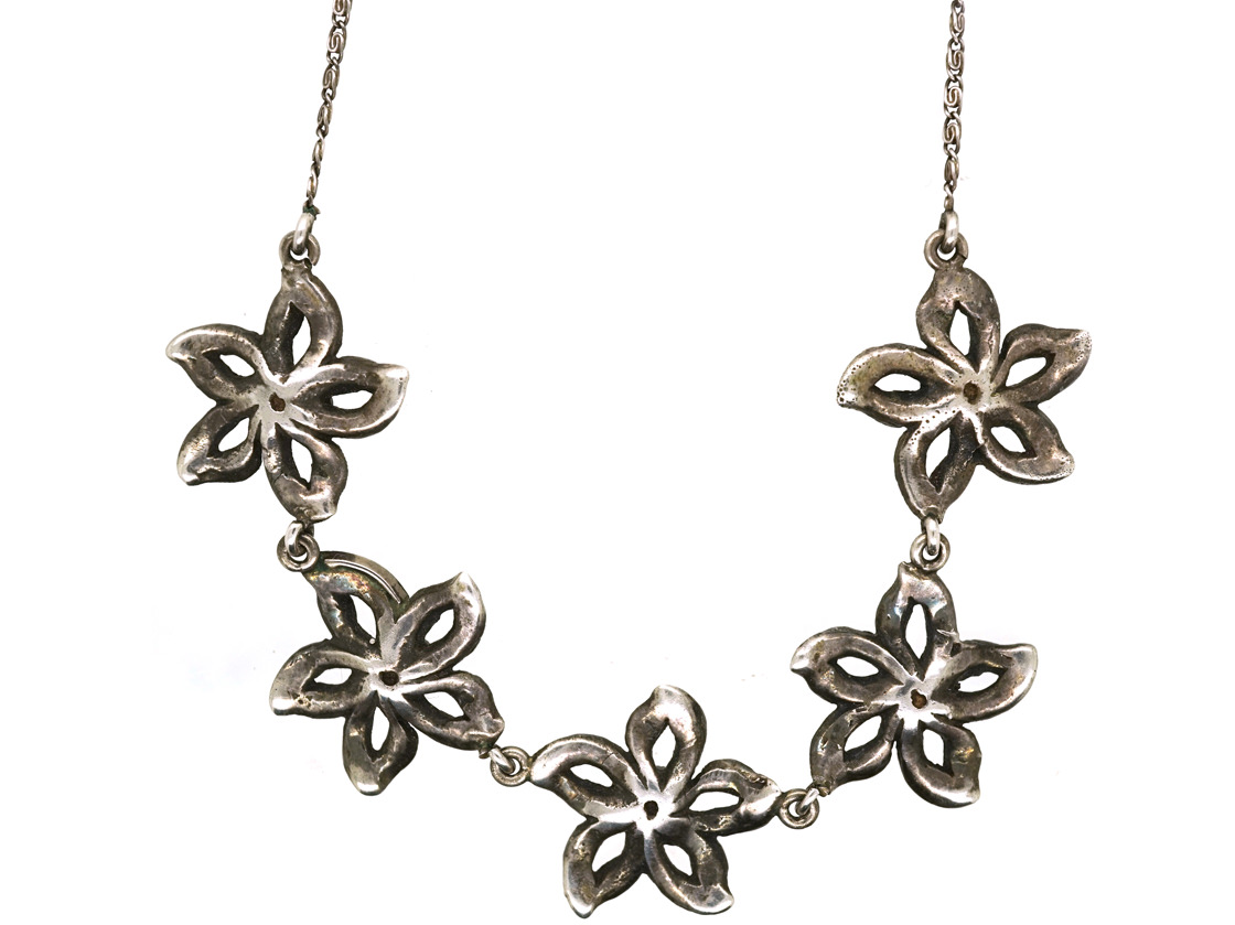 Art Deco Silver And Marcasite Flowers Necklace 21l The Antique