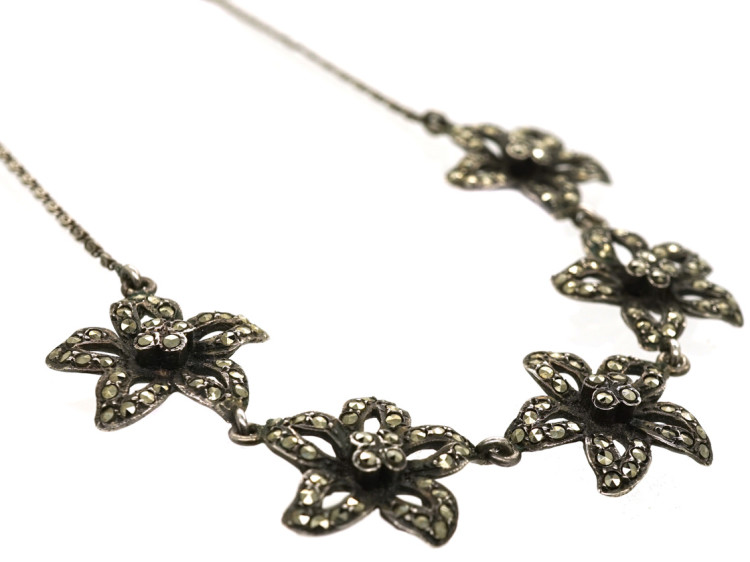 Art Deco Silver & Marcasite Flowers Necklace