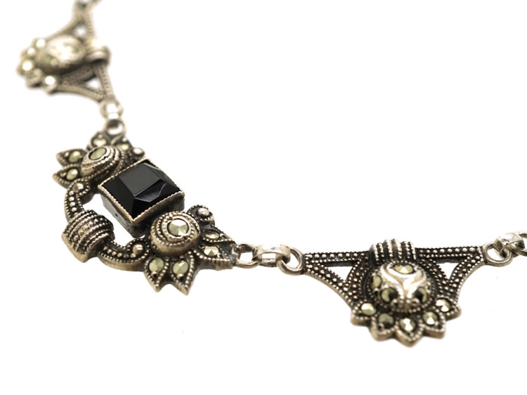 Art Deco Silver, Onyx & Marcasite Necklace