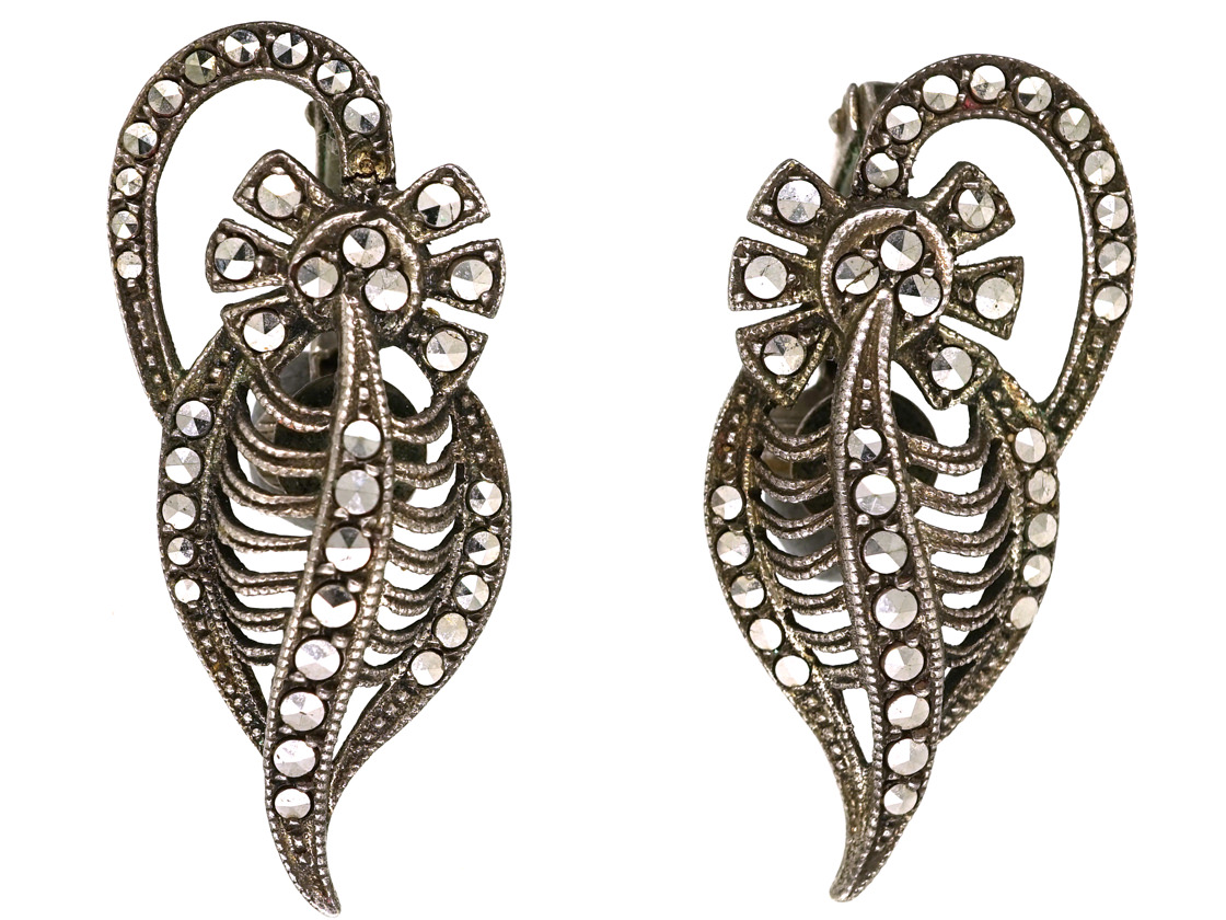 Art Deco Silver & Marcasite Clip On Earrings (81L) The Antique