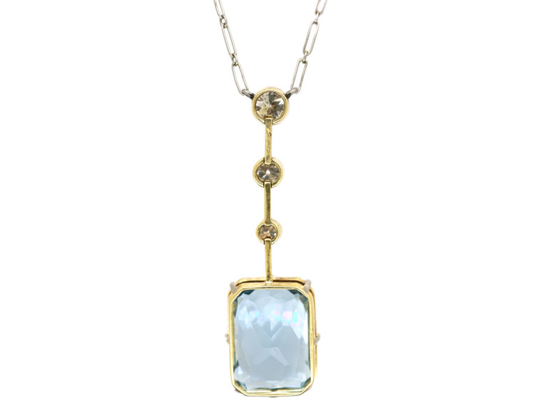 Art Deco Aquamarine & Diamond Pendant on Platinum Chain
