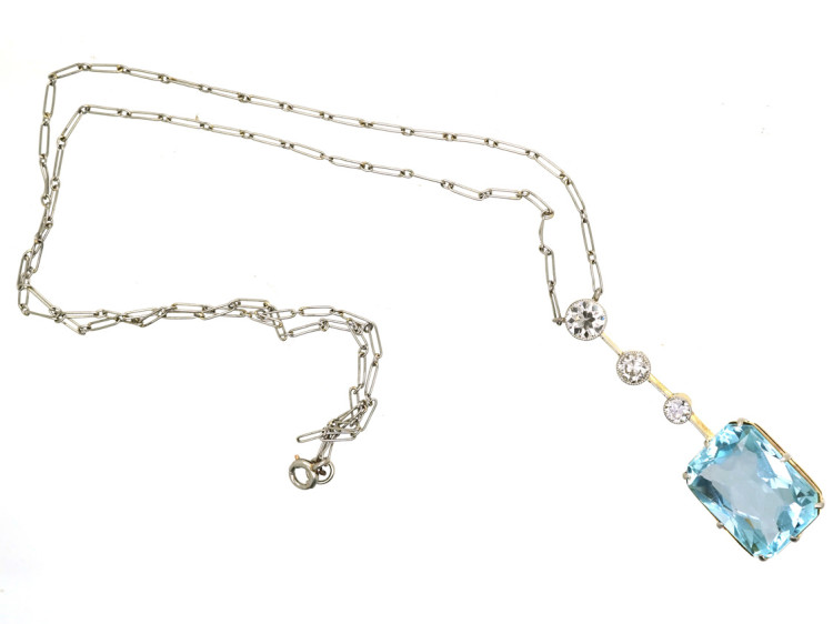 Art Deco Aquamarine & Diamond Pendant on Platinum Chain