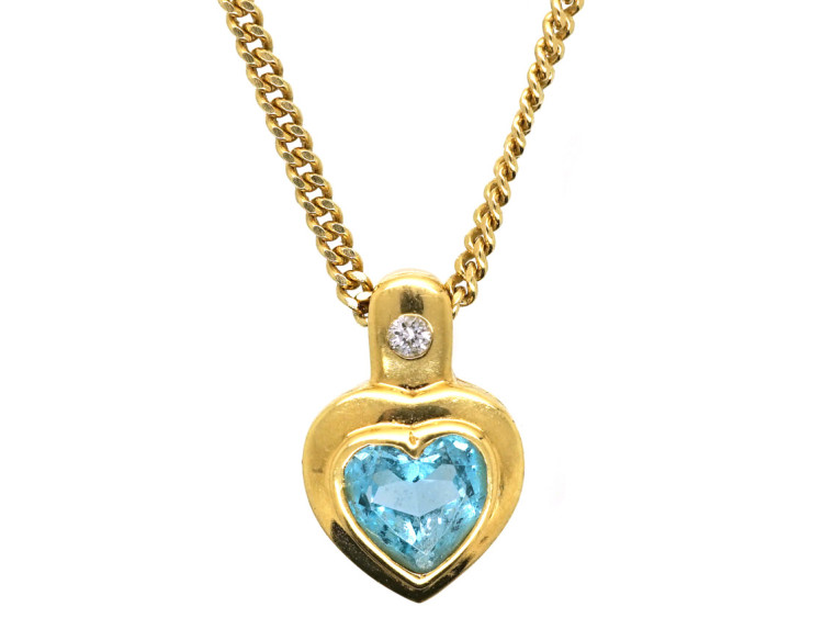 18ct Gold & Blue Zircon Diamond Heart Shaped Pendant on 9ct Gold Chain