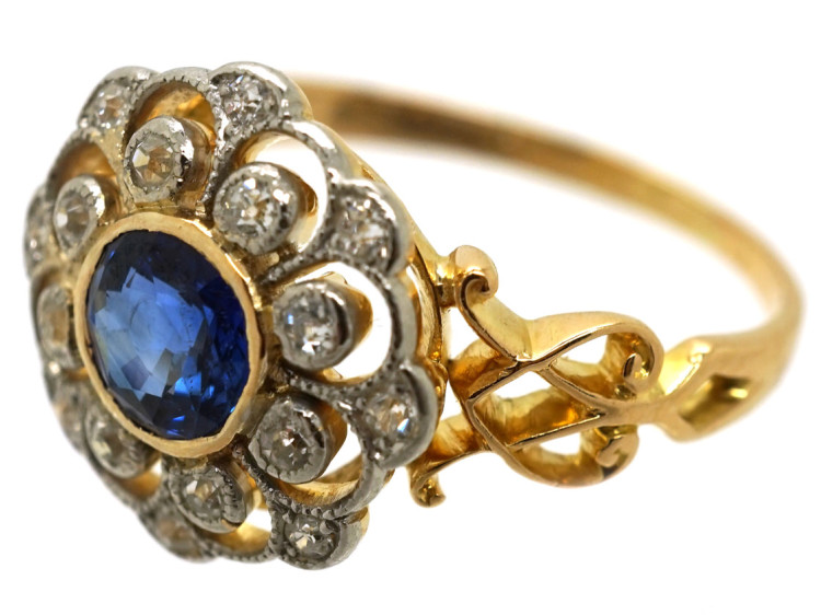 Edwardian 18ct Gold, Platinum, Sapphire & Diamond Cluster Ring