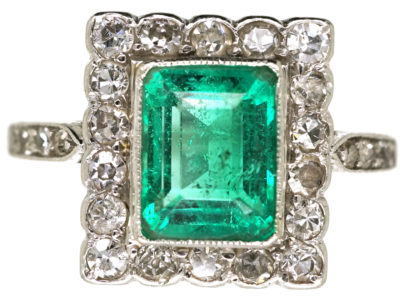 Art Deco 18ct Gold, Platinum, Emerald & Diamond Rectangular Ring